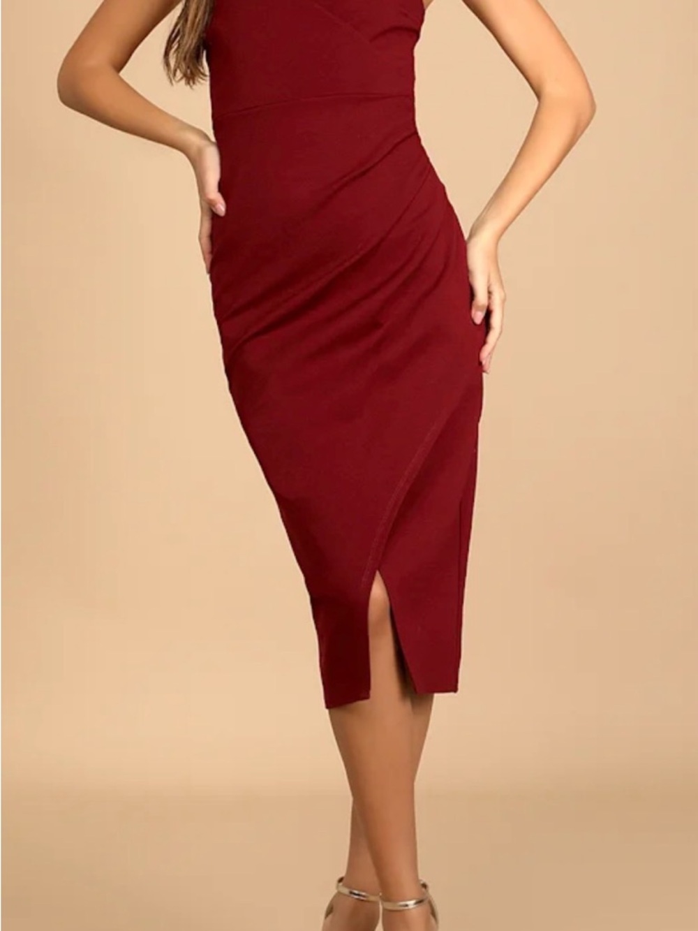 Lulu's Burgundy Midi Pencil Skirt with Front Slit